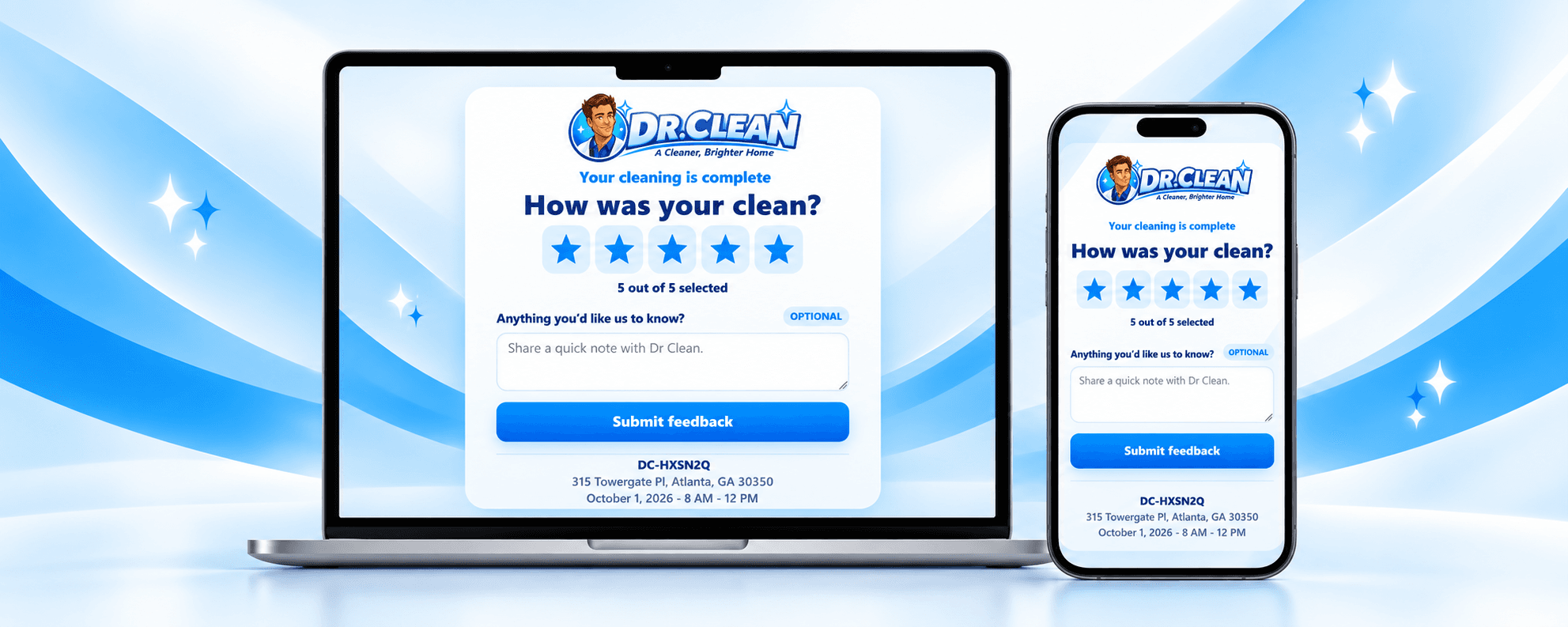 Dr Clean feedback page on computer and phone